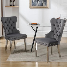 Komplet 2 krzeseł do jadalni - oryginalne pierścienie drzwiowe na oparciu - szary aksamit