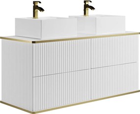 Szafka łazienkowa wisząca w paski ze złotą obwódką i podwójną umywalką nablatową – biała – 120 cm – KELIZA