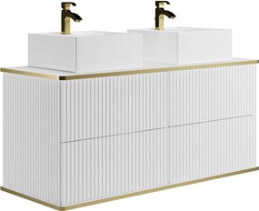Szafka łazienkowa wisząca  w paski ze złotą obwódką i podwójną umywalką nablatową – biała – 120 cm – KELIZA