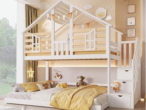 Łóżko piętrowe 90x200cm + 140x200cm - z drabiną z pojemnikami - półrama - biały + naturalny​ (materac nie jest wliczony w cenę)