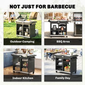 Outsunny Wózek grillowy 5-poziomowy stolik grillowy ze stalową powierzchnią roboczą, regulowane półki, szuflada, kółka, uchwyt na przyprawy i ręczniki | Aosom PL