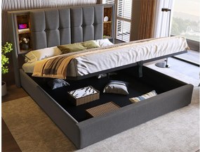 Łóżko z tapicerowanym stelażem 180x200 cm - z bezprzewodowym ładowaniem i schowkiem - materiał bawełniany - Szary