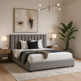 Łóżko Tapicerowane 160x200 cm ze Stelażem Dwuosobowe MARI Welurowe Szare