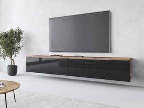 Nowoczesna szafka RTV 180 cm do salonu z LED – 2-drzwiowa, bezuchwytowa, korpus dąb wotan, fronty czarny połysk, stojąca lub wisząca