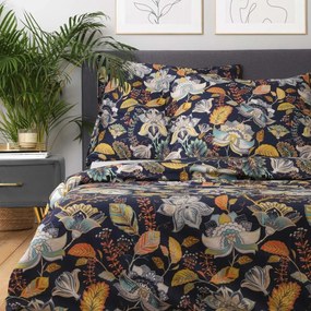 Komplet pościeli z mikrofibry OTAMO granatowa w liście i kwiaty 200x220 cm HOMLA