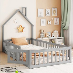 Łóżko dziecięce 90 x 200 cm z drewna sosnowego z barierkami i drzwiczkami, w zestawie stelaż z listew, kolor szary