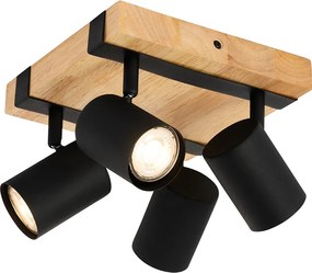 Lampa sufitowa czarna z drewnem 4-punktowa regulowana prostokątna - Jeana