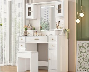 Toaletka z lustrem 152×40×105 cm - z taboretem - z regulowanym oświetleniem LED i gniazdkiem - z 6 szufladami i 4 drzwiami - biała