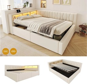 Łóżko z pojemnikiem 140 x 200 cm, z hydraulicznym schowkiem, półkami, regulowanym oświetleniem LED i portem USB - Len - Beżowy (Materac nie jest wliczony w cenę)