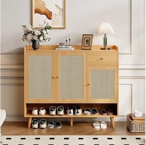 Szafka na buty rattanowa - 120 x 35 x 106 cm - z 3 drzwiami + 1 szufladą + 5 półkami - płyta wiórowa - naturalna