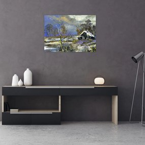 Obraz chaty w zimowym krajobrazie, obraz olejny (70x50 cm)