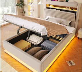 Tapicerowane łóżko z pojemnikiem 90x200 cm - z portem USB Type-C - z oświetleniem LED - z przegródką do przechowywania - Beżowy (materac nie jest wliczony w cenę)