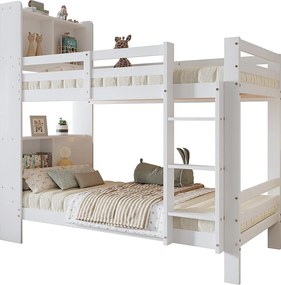 Łóżko piętrowe ze schowkami i drabinką - rama sosnowa - 90x200cm - białe