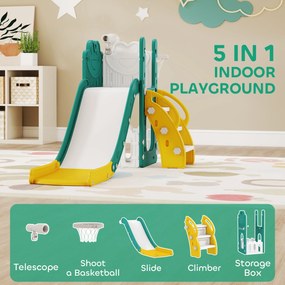 AIYAPLAY Zestaw zjeżdżalni dla dzieci 5 w 1, teleskop, kosz do koszykówki, plastik, Żółty+Zielony