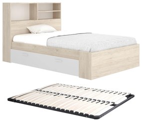Łóżko 120 x 190 cm  ze skrzynią i - Naturalny i biały + Stelaż - VARDIEL