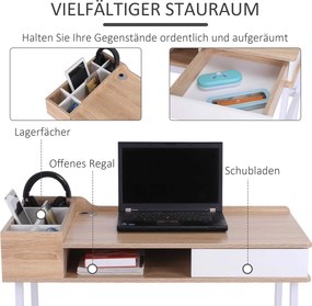 HOMCOM Biurko komputerowe z 6 półkami i szufladą Szeroki blat Naturalny kolor Idealne do nauki i pracy 100x55x815cm | Aosom PL