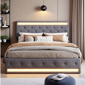 Łóżko Podwójne 140x200 Ciemnoszare z Przechowywaniem, Oświetleniem LED RGB, Miękką Tkaniną Lnianą i Wbudowanymi Portami USB