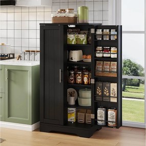 Wysoka komoda kuchenna - 60 x 40 x 120 cm - z oświetleniem LED + 2 drzwi z regulowanymi półkami i półkami na drzwiach - MDF - czarna