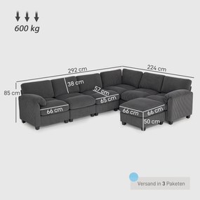HOMCOM Narożna sofa w kształcie U, sofa z sprężynami kieszeniowymi, wyściełane podłokietniki, ruchomy szezlong, sztruks, 292x224x85 cm, ciemnoszary | Aosom PL