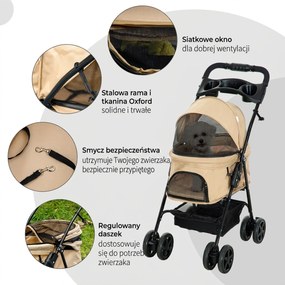 Outsunny Wózek dla psa składany z 2 pasami bezpieczeństwa do 20 kg khaki | Aosom PL