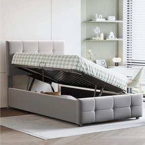Łóżko ze schowkiem 90 x 200 cm z regulowanym wezgłowiem - tkanina aksamitna - stelaż listwowy - szare (bez materaca)