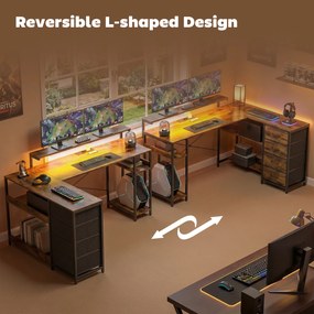 HOMCOM Biurko gamingowe L-kształtne z gniazdkiem, oświetleniem LED, 4 szufladami, podstawką pod monitor 155x110x91,4 cm Brąz | Aosom PL