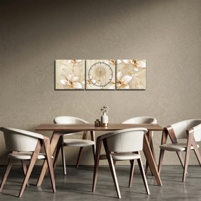 Obraz - Kompozycja złotych kwiatów (z zegarem) (90x30 cm)