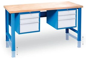 Stół warsztatowy z regulacją wysokości GD z 2 szafkami na narzędzia, 6 szuflad, 2000 x 800 x 850 - 1050 mm, niebieski