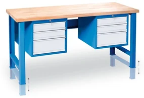 Stół warsztatowy z regulacją wysokości GD z 2 szafkami na narzędzia, 6 szuflad, 2000 x 800 x 850 - 1050 mm, niebieski