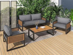 Zestaw mebli ogrodowych z żelaza dla 4 osób - 1 kanapa, 2 fotele i 1 stolik kawowy - dekorowany drewnem akacjowym - szary