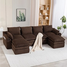 Modułowy zestaw wypoczynkowy z 4-osobową sofą z kordu - 335 x 167 x 85 cm - z 2 pufami + poduszkami + 2 kieszeniami - brązowy