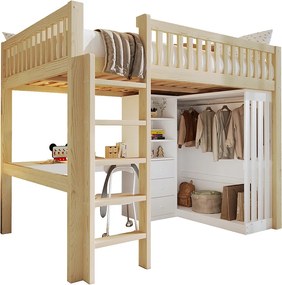 Łóżko na antresoli 140x200cm - z biurkiem + szafą - z 3 szufladami - z drabiną - naturalny​ (materac nie jest wliczony w cenę)