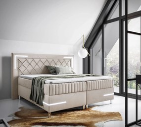 Kremowe łóżko kontynentalne z pojemnikiem i LED 5 rozmiarów M5-C97