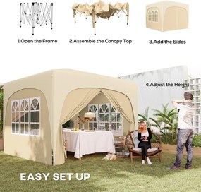 Outsunny Pawilon 3 x 3 m, Składany Namiot Ogrodowy z Bocznymi Ścianami i Torbą, Ochrona UPF50+, Wysokość Regulowana, Piasek