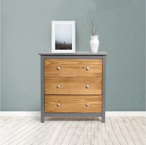Komoda Colummn Bonnie Gris 3 szuflady, wykonana z litego drewna sosnowego, długość 79 cm.