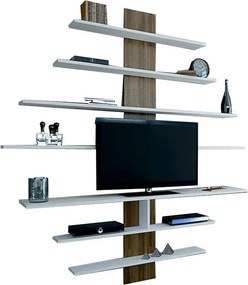 Nowoczesna szafka pod telewizor – 160 x 160 x 30 cm – Kolor biały i orzechowy – Płyta wiórowa pokryta melaminą