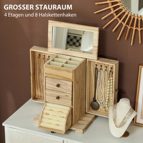 HOMCOM Szkatułka na biżuterię, organizer, 4-poziomowy układ, z wbudowanym lustrem, drewno, brązowy