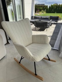 Fotel wypoczynkowy bujany do salonu, sypialni, jasny beż tkanina strukturalna, FW7