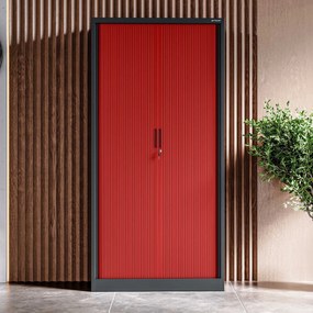 Metalowa szafa biurowa na akta z roletą DAMIAN, 900 x 1850 x 450 mm, antracytowo-czerwona