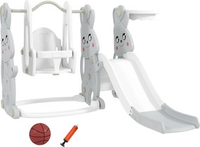 AIYAPLAY 4-w-1 Zestaw do zabawy dla małych dzieci: Zjeżdżalnia, Huśtawka, Zestaw do wspinaczki, Kosz do koszykówki, Plastik, Design z Królikiem, Szary