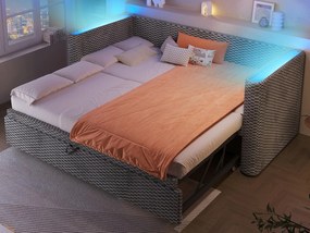 Rozkładana sofa 90/180x200cm - z wysuwane łóżko - z listwą LED - z stelażem lamelowym - welur - szary (materac nie jest wliczony w cenę)