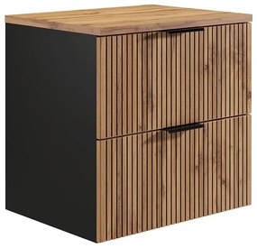 Wisząca szafka pod umywalkę z prążkowanym frontem i półką – jasny naturalny i czarny – 60 cm – MADELA