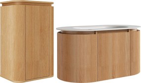 Wisząca ryflowana szafka łazienkowa z drewna jesionowego z umywalką wpuszczaną w blat i słupkiem – jasny naturalny – szer. 90 cm – LILIKO