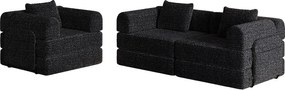 Sofa 3-osobowa, Sofa rozkładana z podłokietnikami i kieszeniami bocznymi, metalowa rama - Czarny szenil