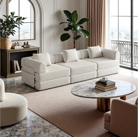 Sofa 3-osobowa, Sofa rozkładana z podłokietnikami i kieszeniami bocznymi, metalowa rama - Khaki szenil