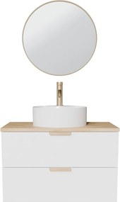Wisząca szafka łazienkowa z okrągłą umywalką nablatową, baterią i lustrem – Biała – S80 cm – AVORELI