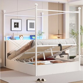 Metalowe łóżko dziecięce ze schowkiem - 140 x 190 cm - z hydraulicznym schowkiem + LED + USB/Typ-C - białe