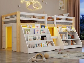Łóżko dziecięce 90x200 cm - z oświetleniem LED - z półką do przechowywania - z barierkami + drabiną - biały + Naturalny (materac nie jest wliczony w cenę)