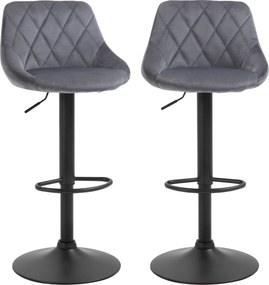 HOMCOM Zestaw 2 hokerów, regulowany hoker z oparciem, welurowy wygląd, metalowa konstrukcja, podnóżek, obrotowy, ciemnoszary