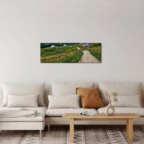 Obraz - Krajobraz górski z domami (z zegarem) (90x30 cm)